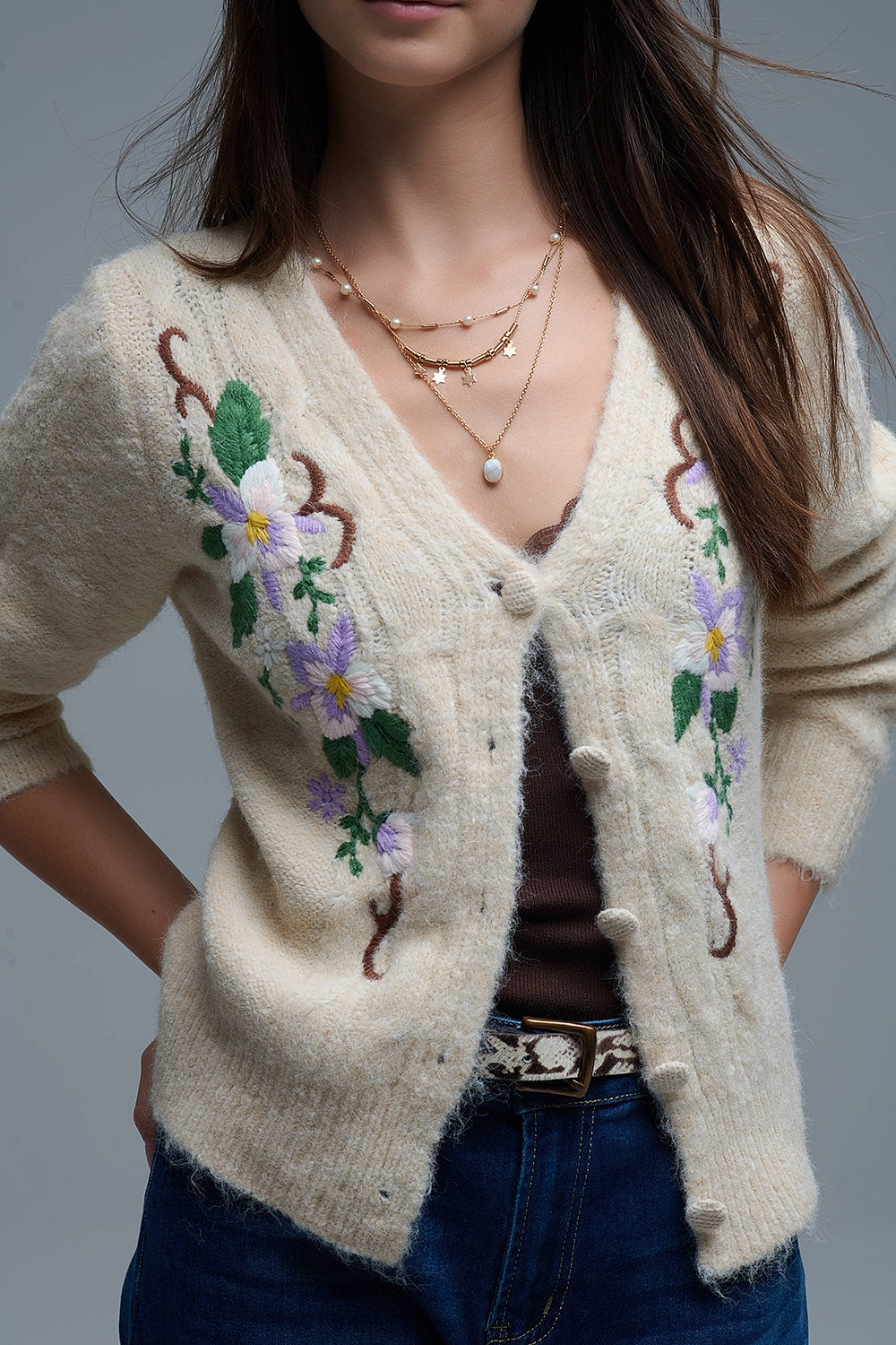 Cable Knit Beige Cardigan With embroidered Flowers - Sweaters