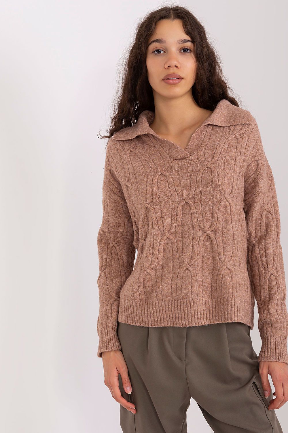 AT Cable Knit Jumper with Polo Collar for Women brown one-size-fits-all - Sweaters