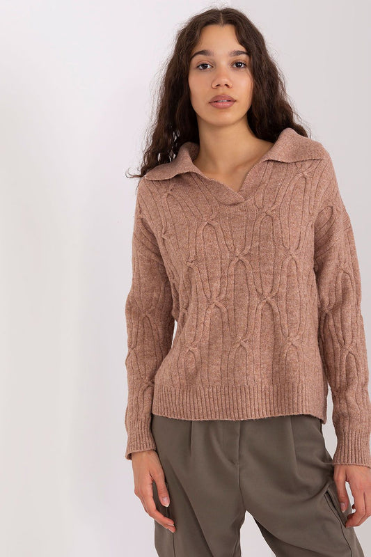 AT Cable Knit Jumper with Polo Collar for Women brown one-size-fits-all - Sweaters