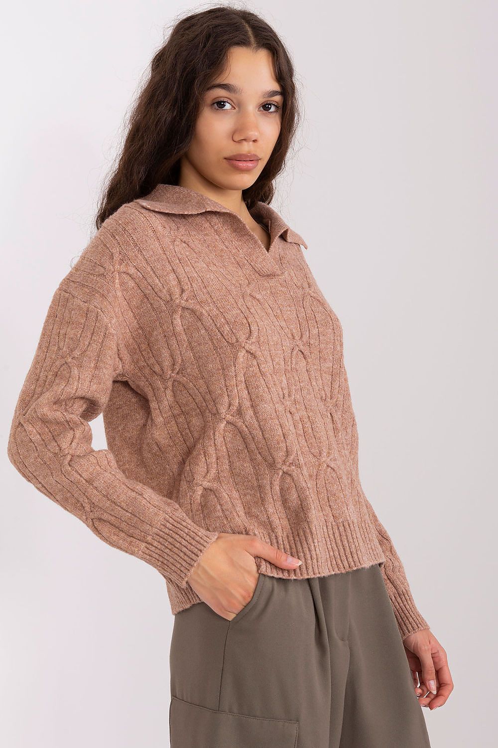AT Cable Knit Jumper with Polo Collar for Women - Sweaters