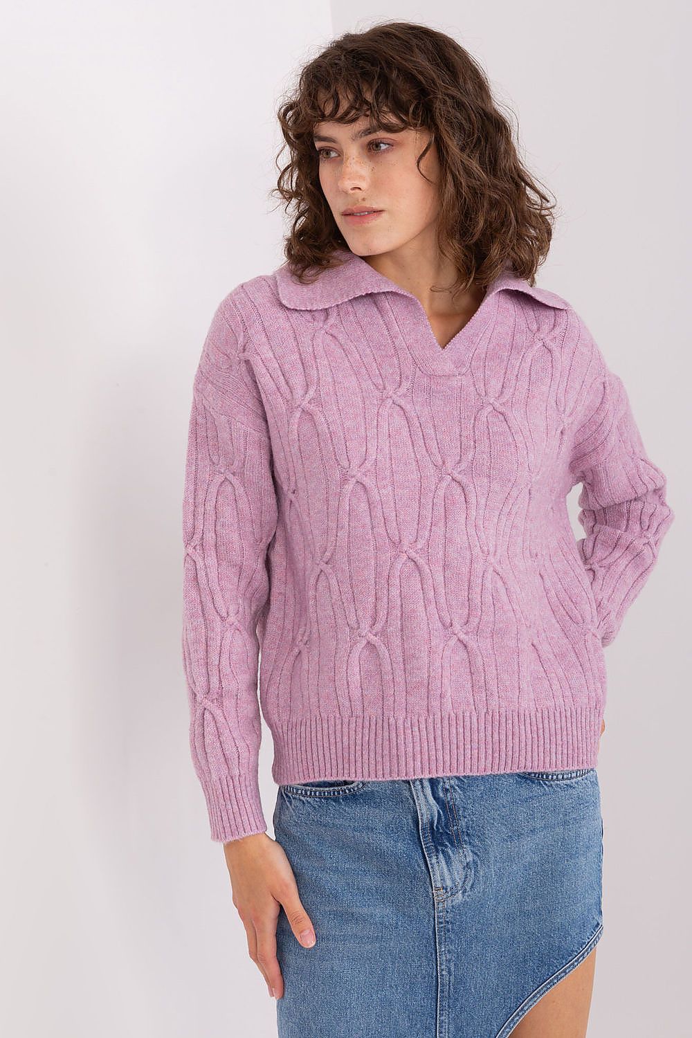 AT Cable Knit Jumper with Polo Collar for Women violet one-size-fits-all - Sweaters