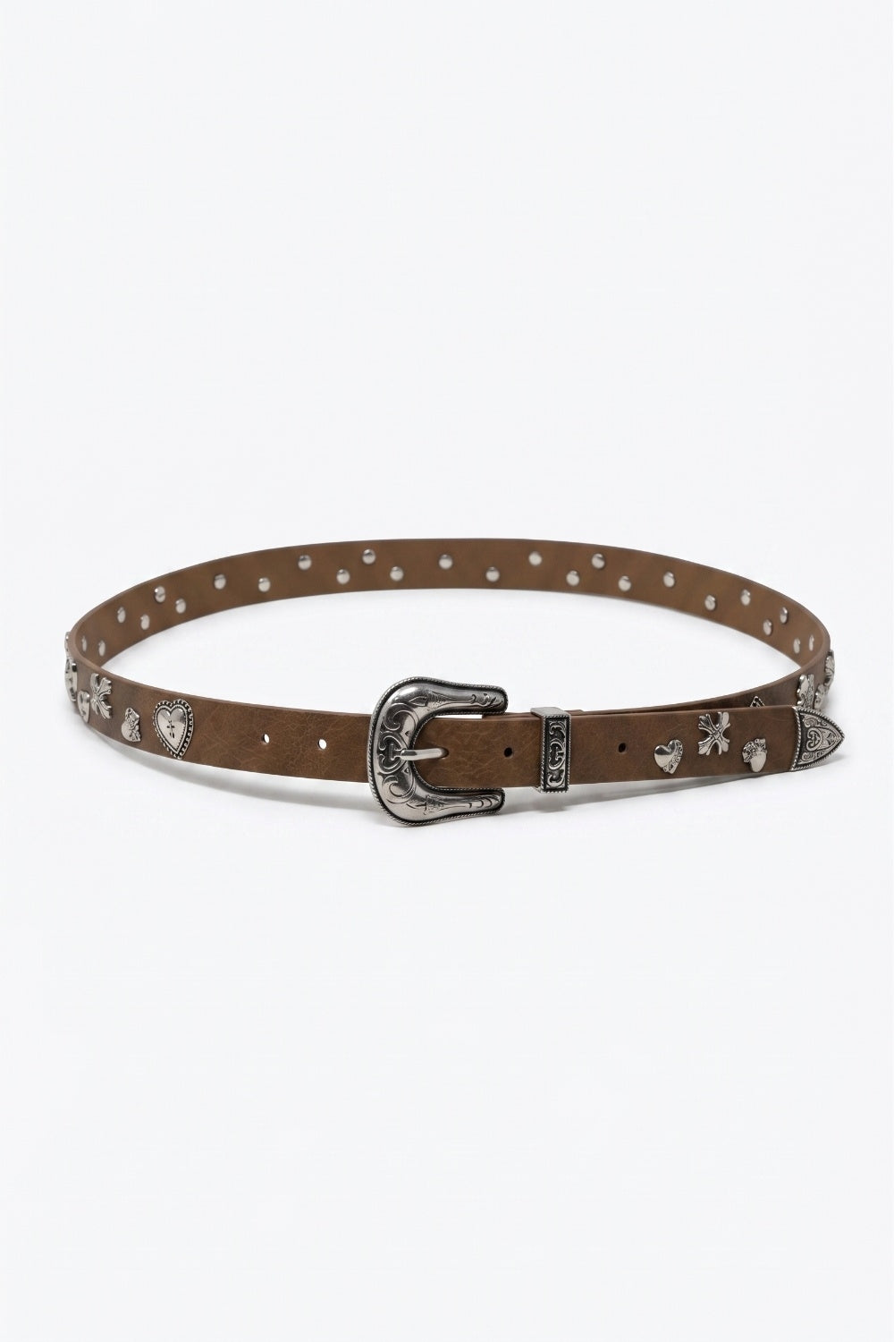 Q2 Camel Faux Leather Western Buckle Silver Stud Trim Belt