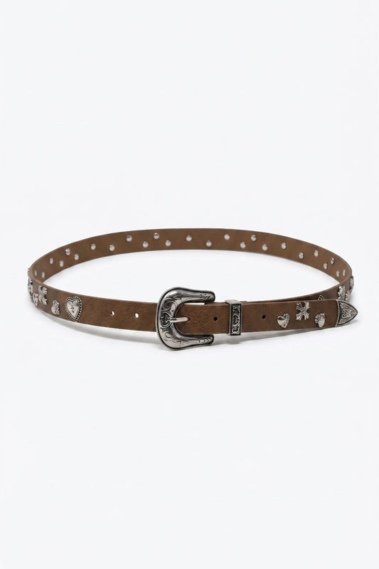 Camel Faux Leather Western Buckle Silver Stud Trim Belt - Accesory