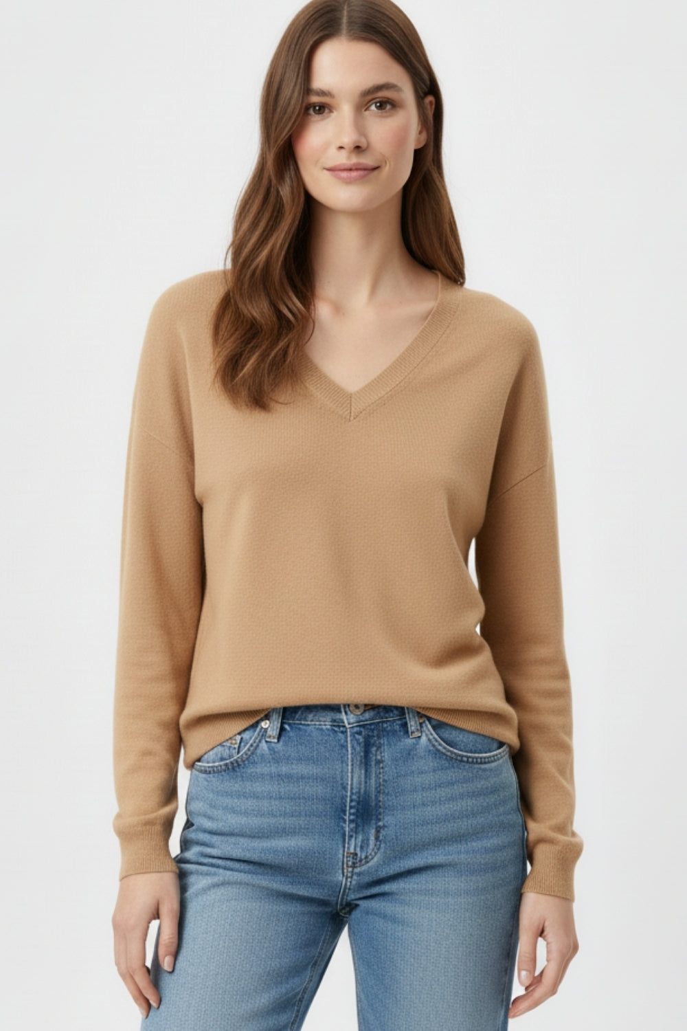 Camel Fine Knit V-Neck Sweater with Subtle Linear Texture - Sweaters