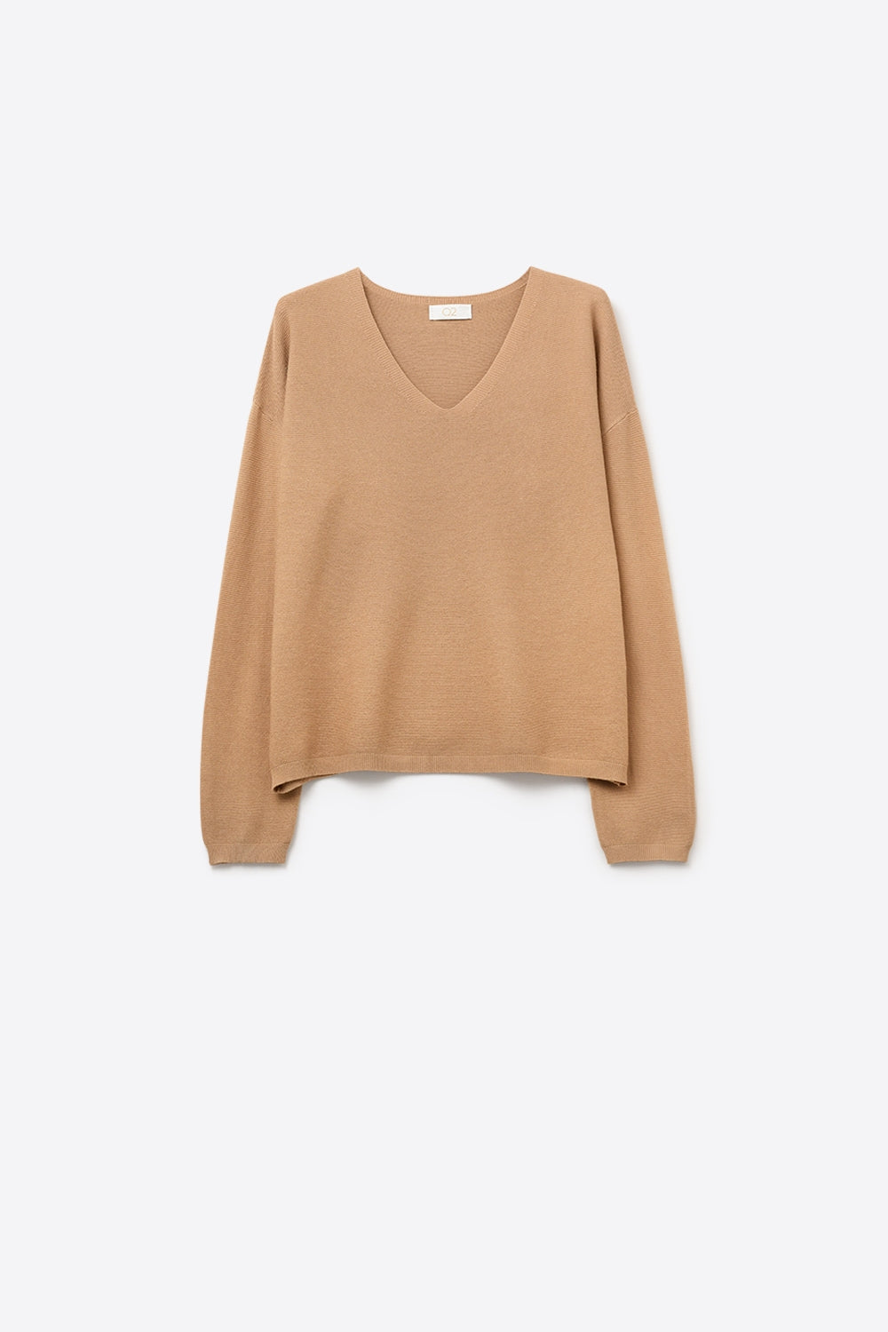 Camel Fine Knit V-Neck Sweater with Subtle Linear Texture -