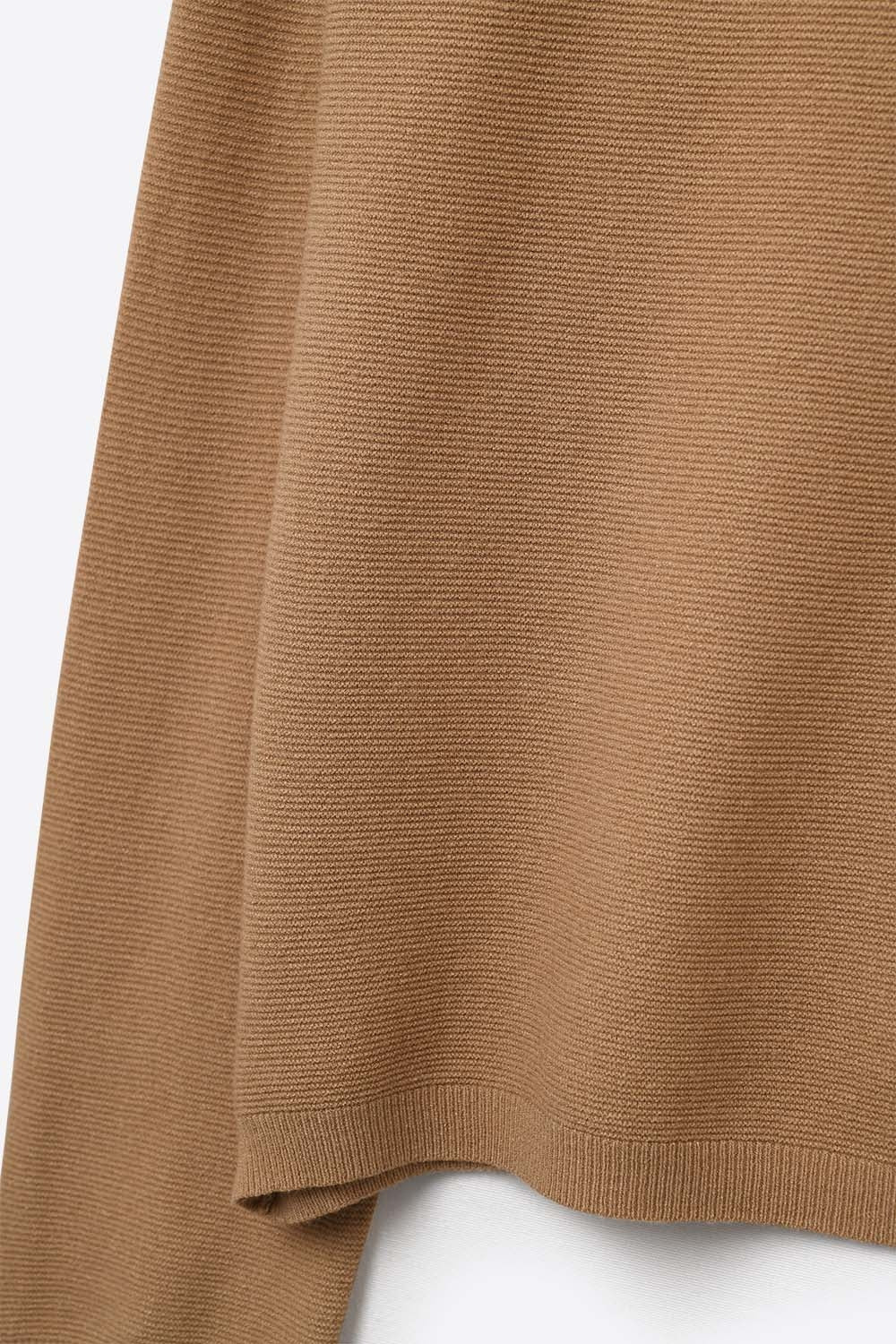 Camel Fine Knit V-Neck Sweater with Subtle Linear Texture -