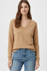Camel Fine Knit V-Neck Sweater with Subtle Linear Texture