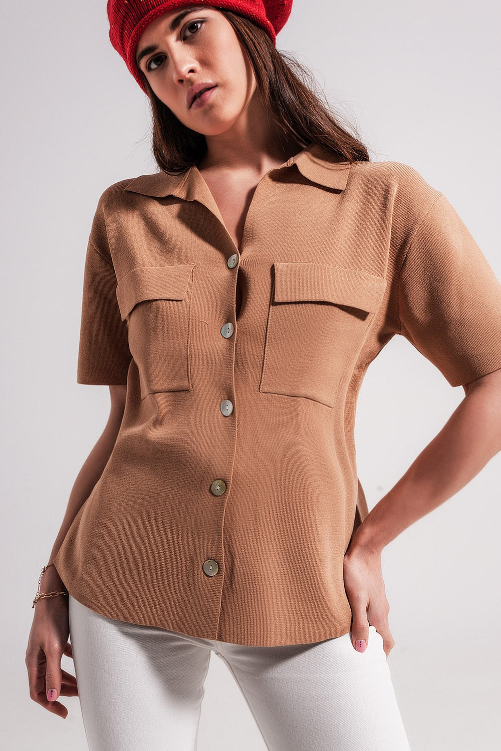 Camel knit short sleeve jumper - Jumpers