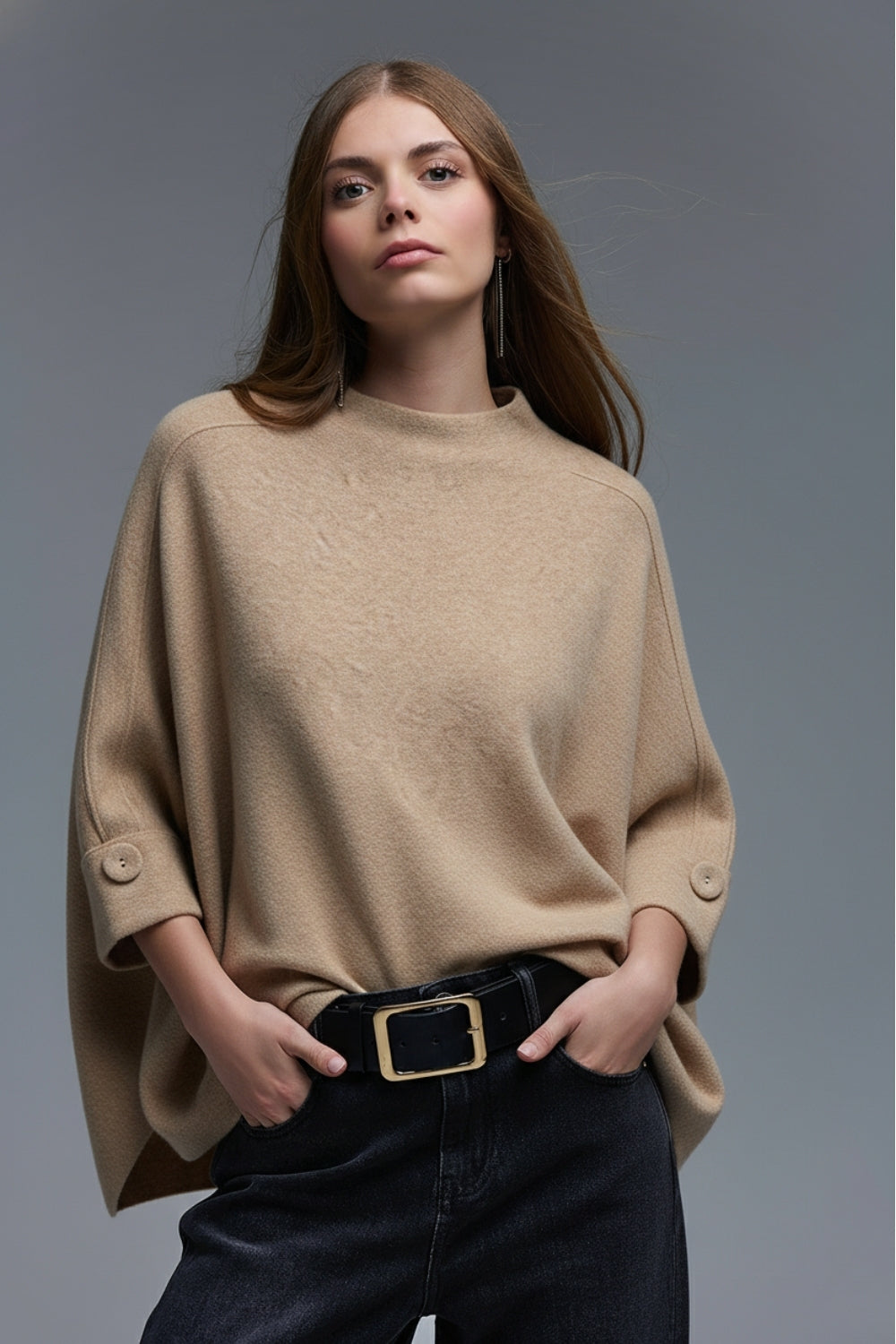 Camel Knitted Sweater with Button Details - Sweaters