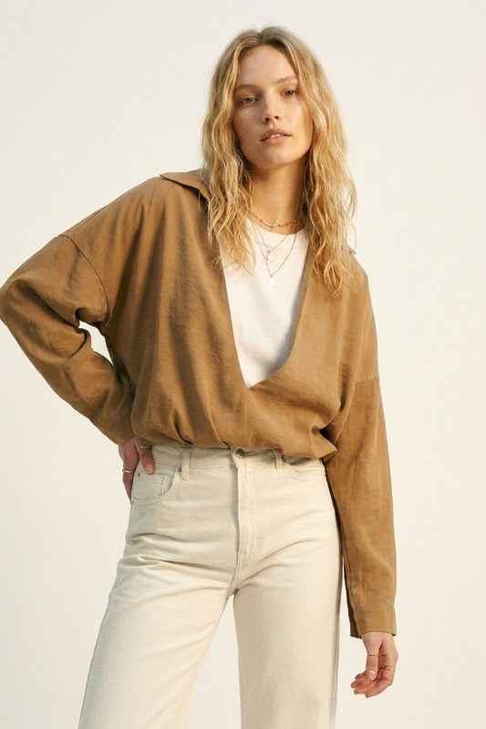 Camel Lightweight Textured Shirt and white t-shirt inside - Shirts