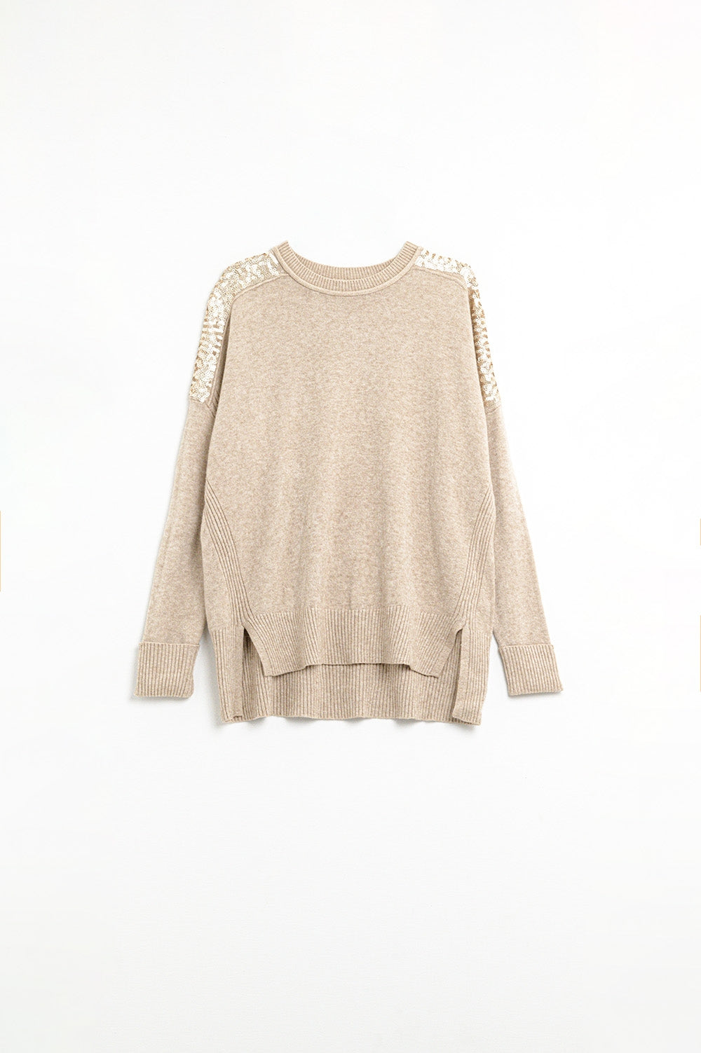 camel Long Sleeves Sweater With Sequins on The Shoulders - Sweaters