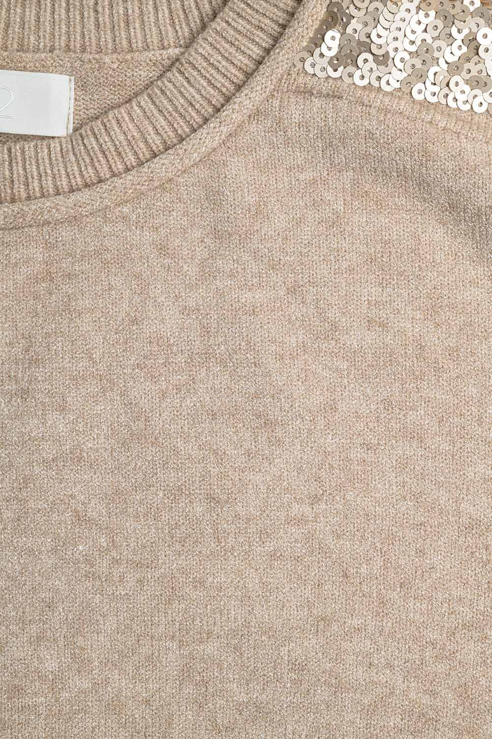 camel Long Sleeves Sweater With Sequins on The Shoulders - Sweaters