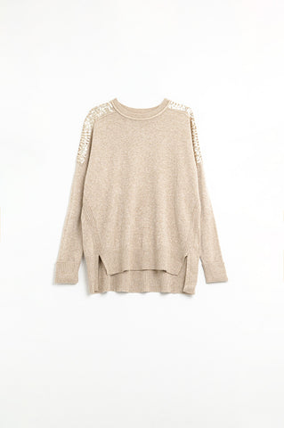 camel Long Sleeves Sweater With Sequins on The Shoulders