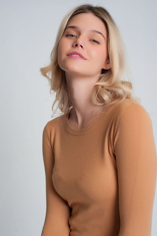 Camel plain crew neck knit jumper - Jumpers