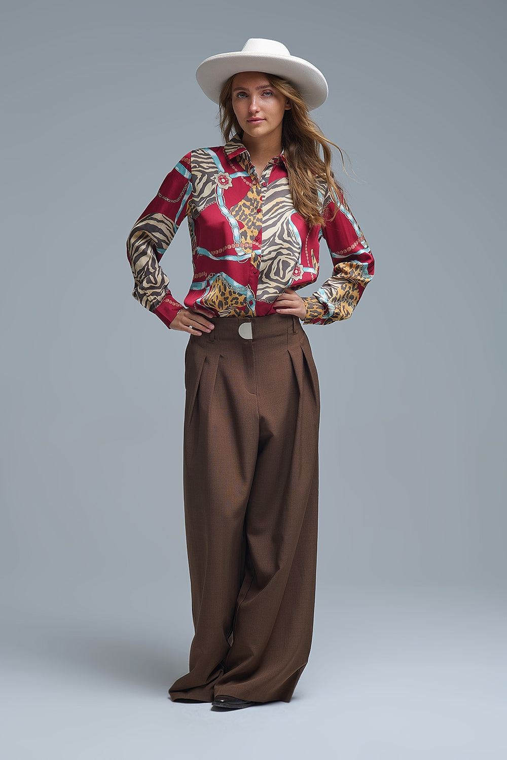 Camel pleated Wide Pants with with metal buckle - Pants