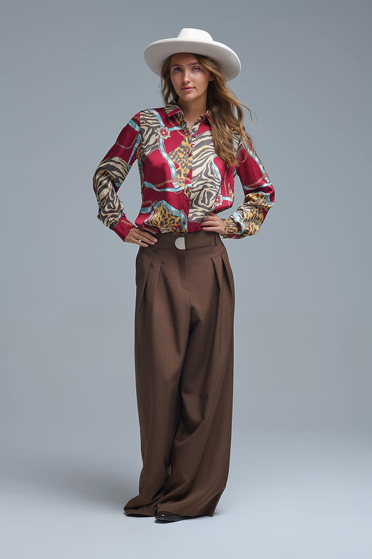 Camel pleated Wide Pants with with metal buckle - Pants