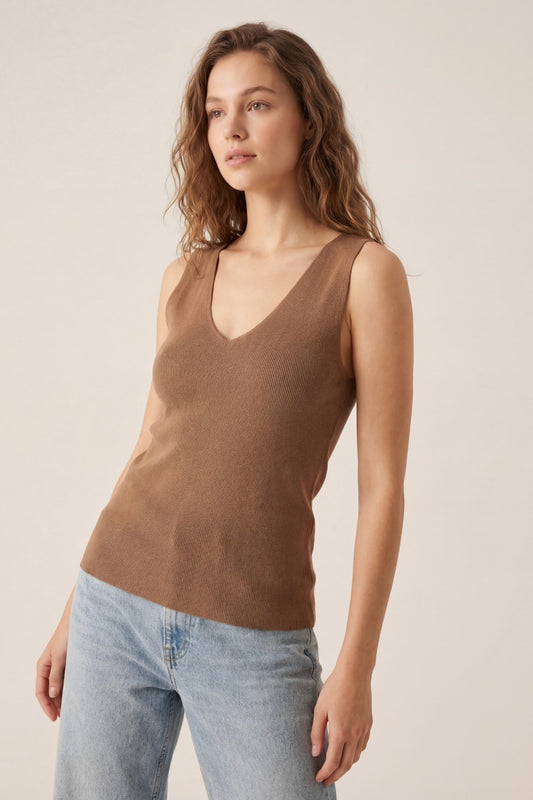 Camel sleeveless fine knitted top With V-Neck - Tops