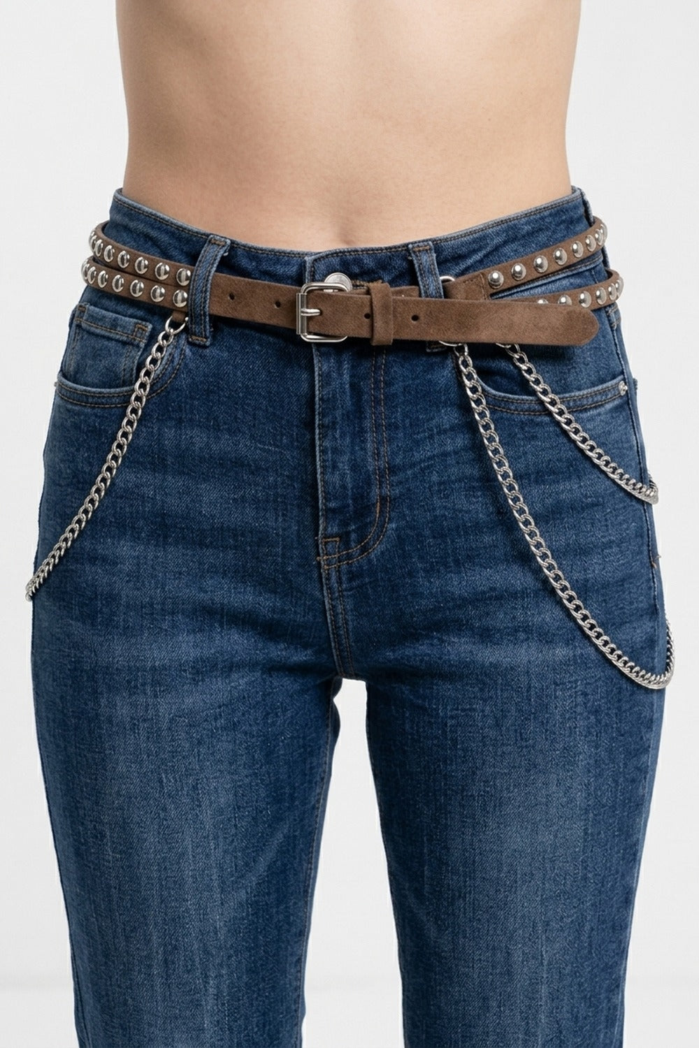 Camel Studded Belt with Hanging Chains