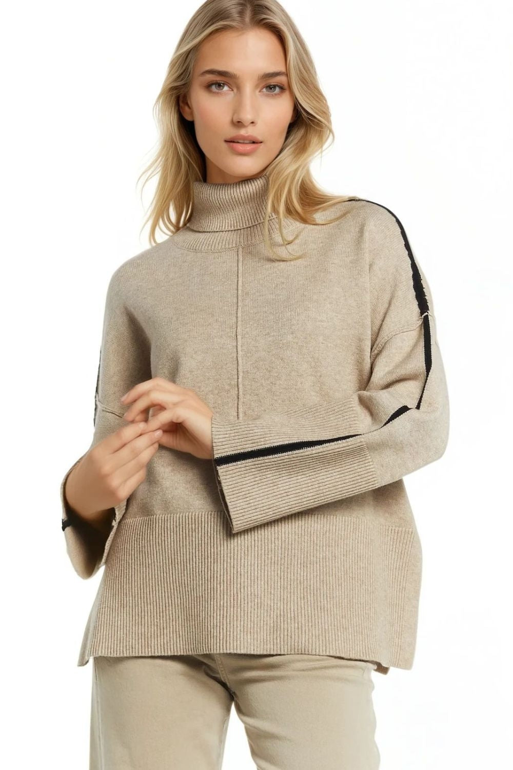 Camel turtleneck sweater with black side stripe - Jumpers