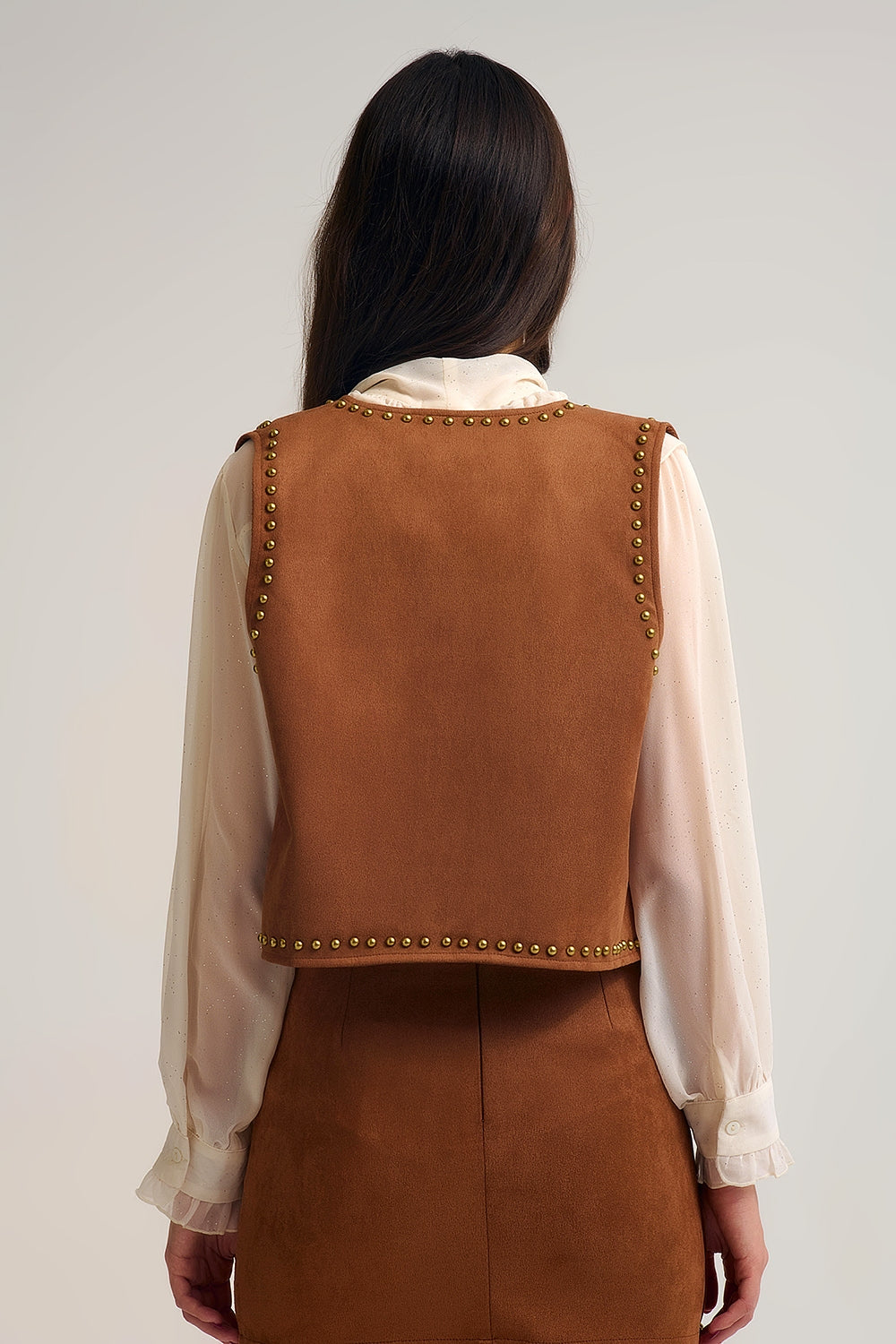 Camel Vest with Metallic Stud Details - Vests