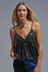 Sequin Camisole Top in black with Floral Detail embellished