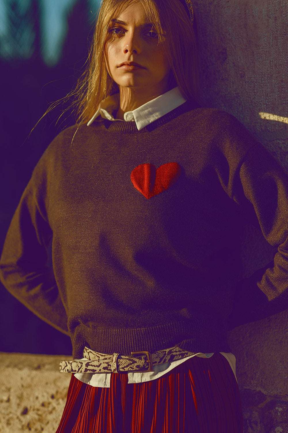 carbon grey sweater with red heart detail - Sweaters