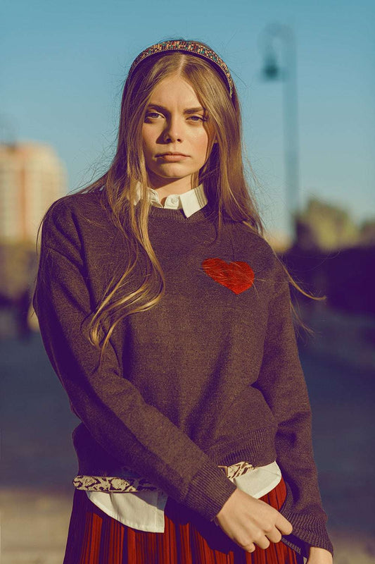 carbon grey sweater with red heart detail - Sweaters