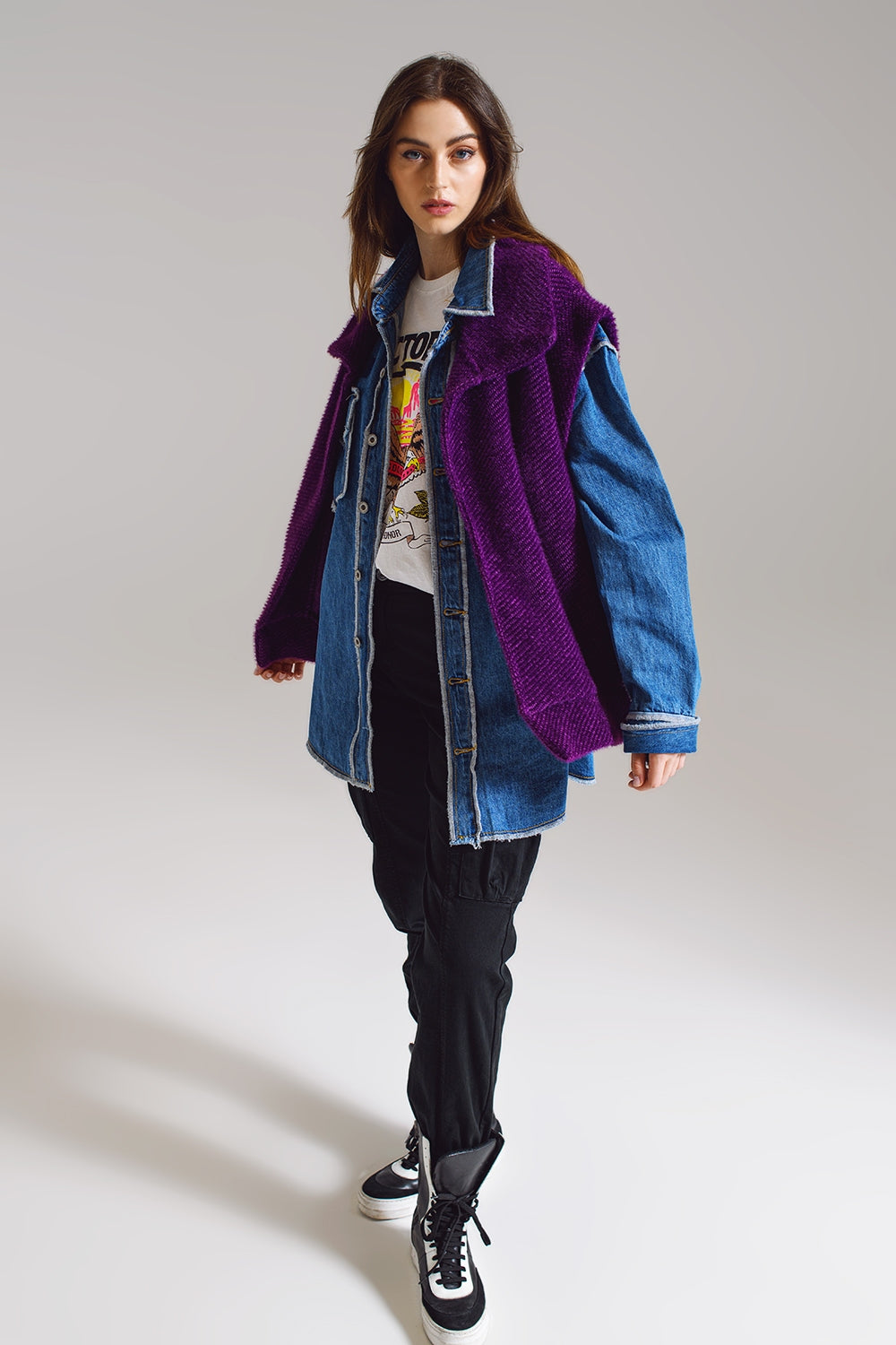 Open Herringbone Gilet with Shawl Style Collard in purple - Vests