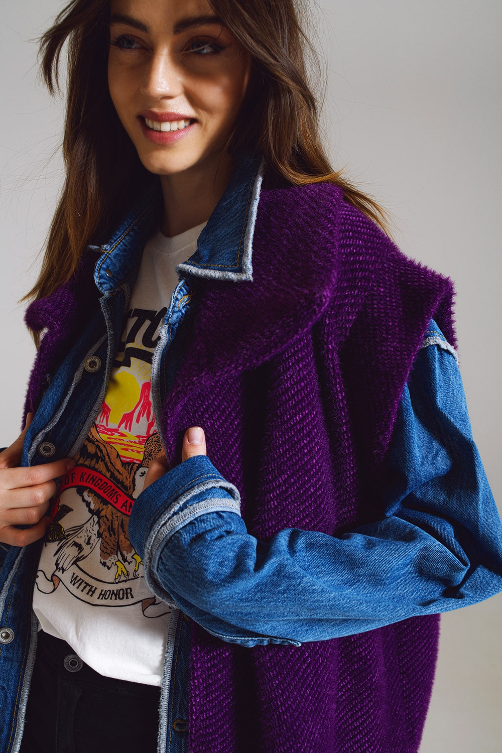 Open Herringbone Gilet with Shawl Style Collard in purple - Vests