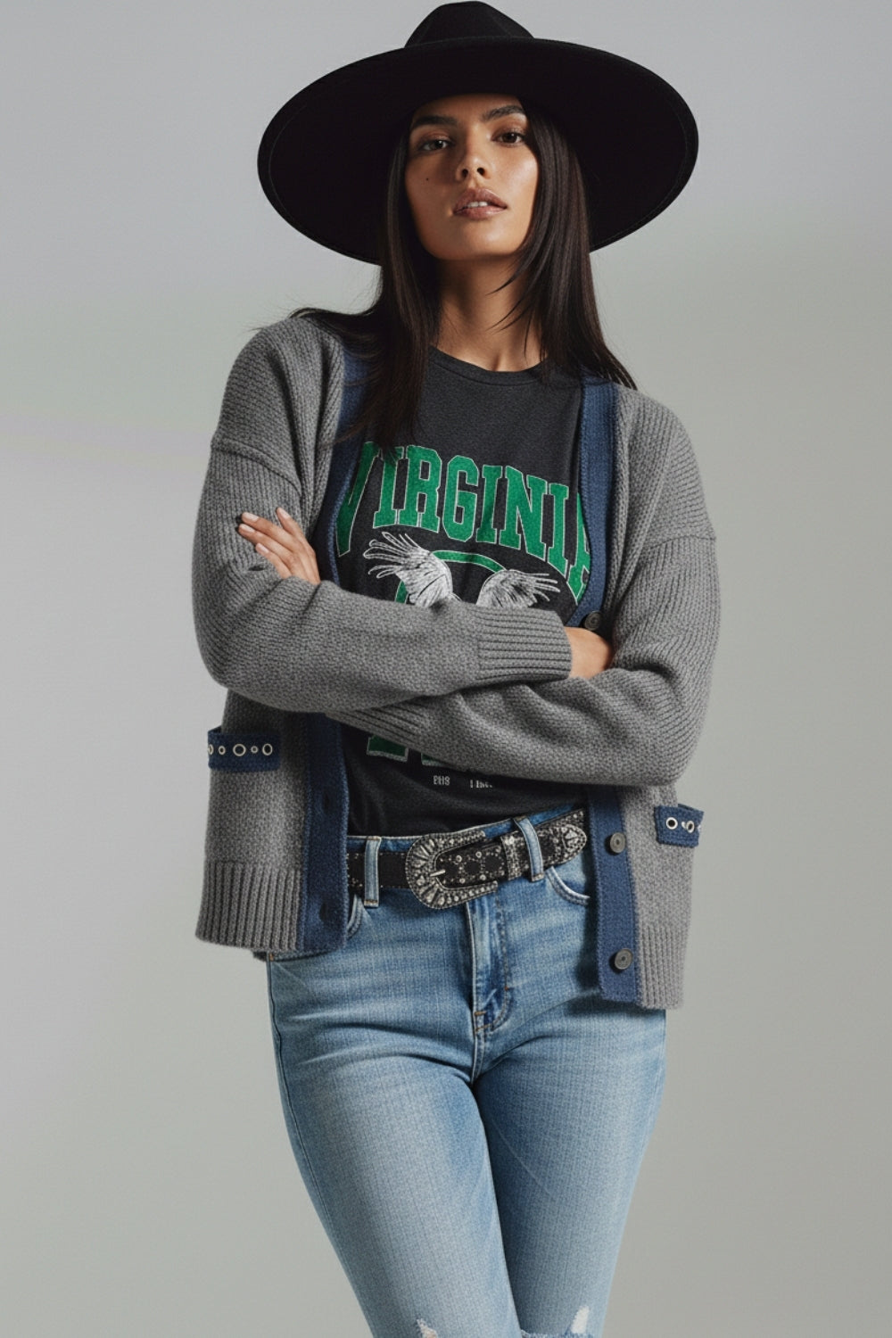 Stylish Cardigan with Denim Fabric Details - Cardigans