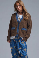 Brown cardigan with denim fabric details