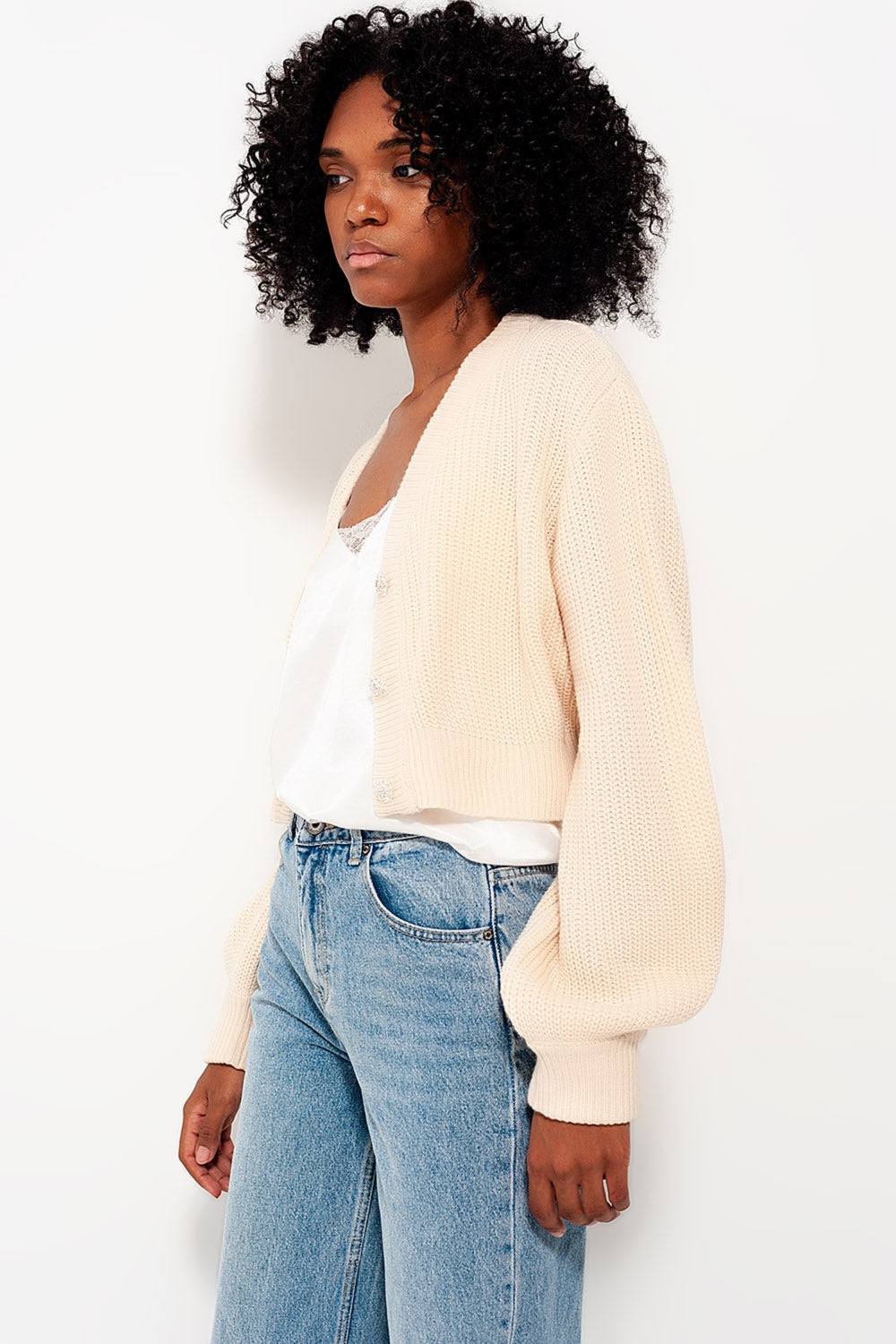 Cardigan with long sleeves and diamante button detail in cream - Cardigans