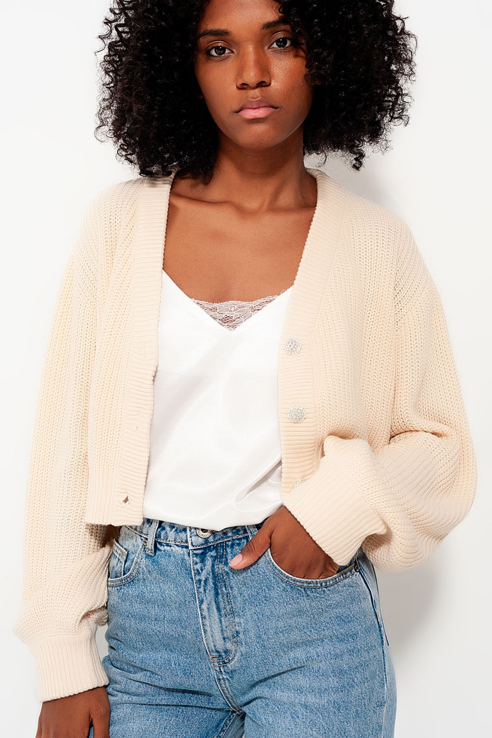Cardigan with long sleeves and diamante button detail in cream - Cardigans