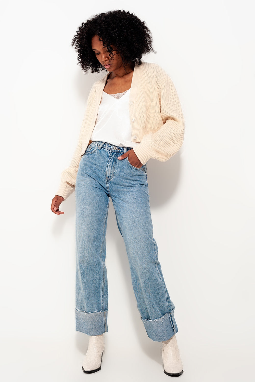 Cardigan with long sleeves and diamante button detail in cream - Cardigans