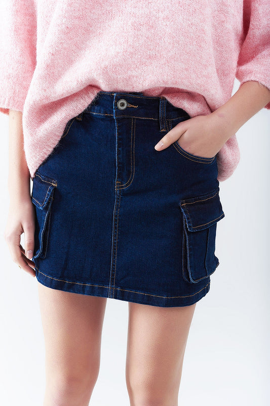 Cargo Denim Skirt in dark Wash With Contrasting Stitching - Skirts
