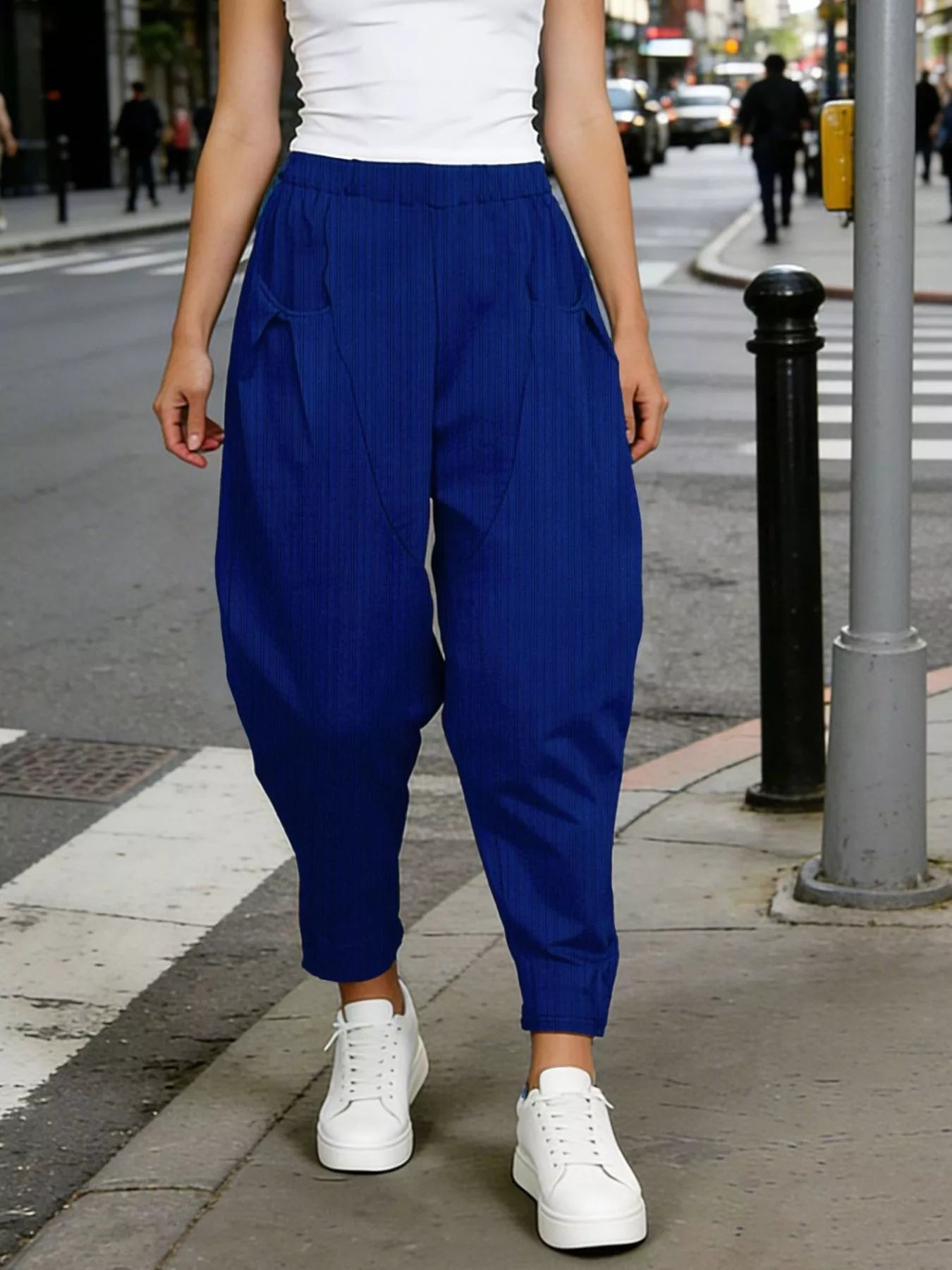Plus Size Casual Elastic Waist Harem Pants Royal Blue - Pants