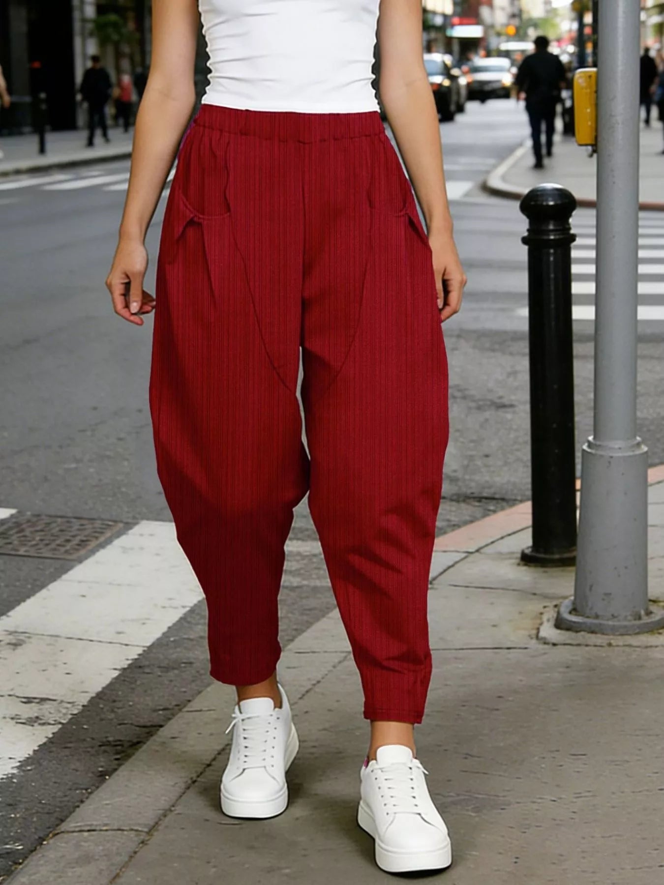 Plus Size Casual Elastic Waist Harem Pants Burgundy - Pants