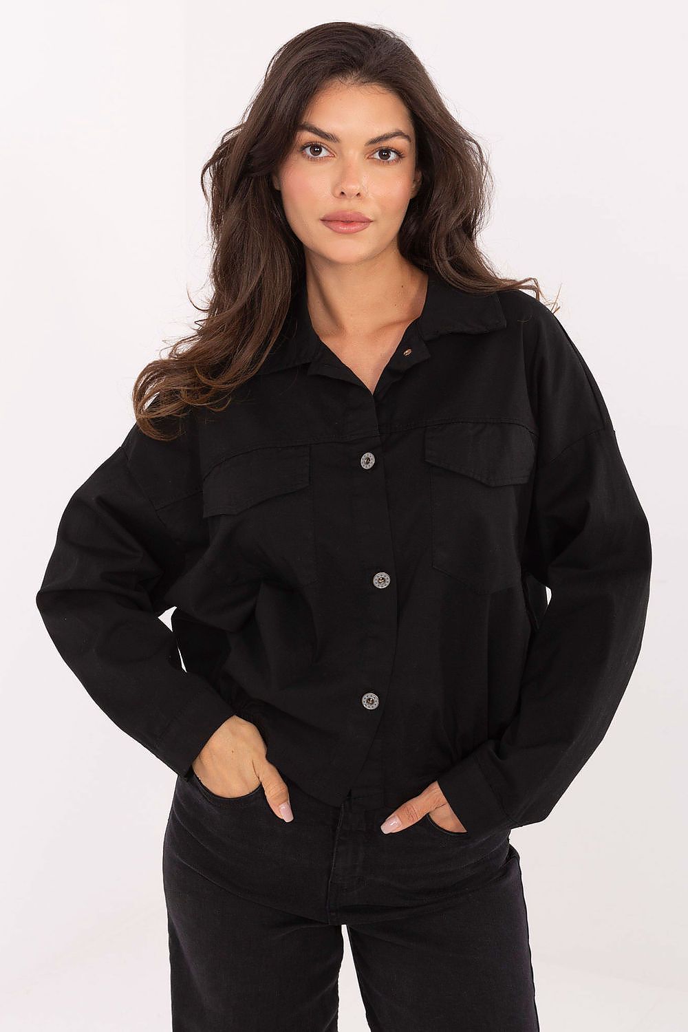 Rue Paris Casual Oversized Long Sleeve Shirt black one-size-fits-all -