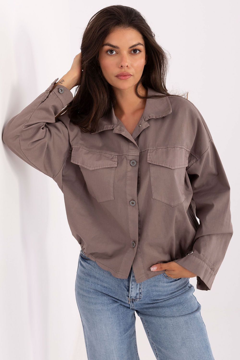 Rue Paris Casual Oversized Long Sleeve Shirt beige one-size-fits-all -