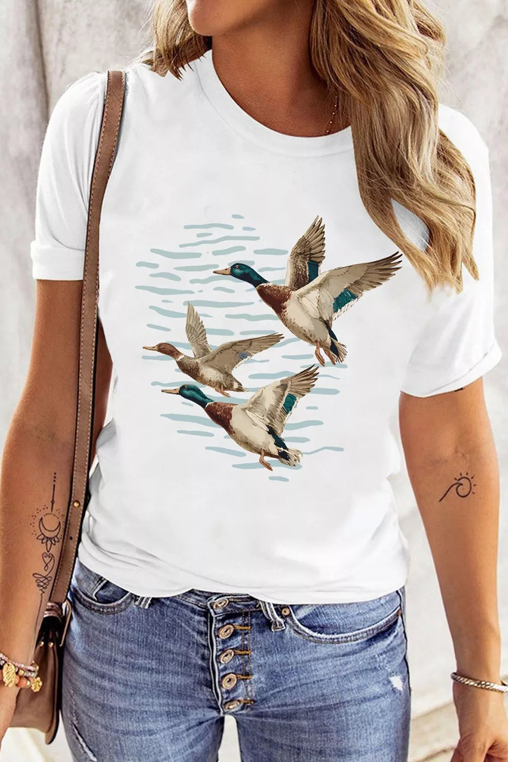 Trendsi casual t-shirt plus size featuring a print of flying ducks against a light background