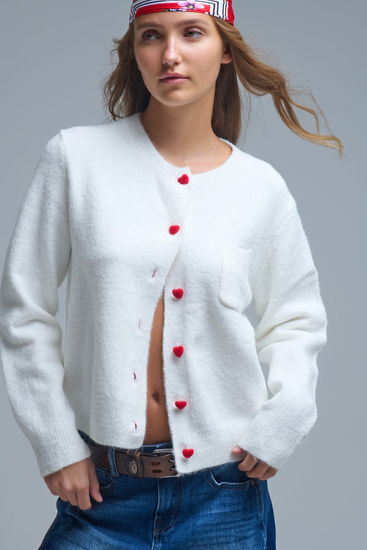 Charming White Cardigan with Heart Buttons - Sweaters