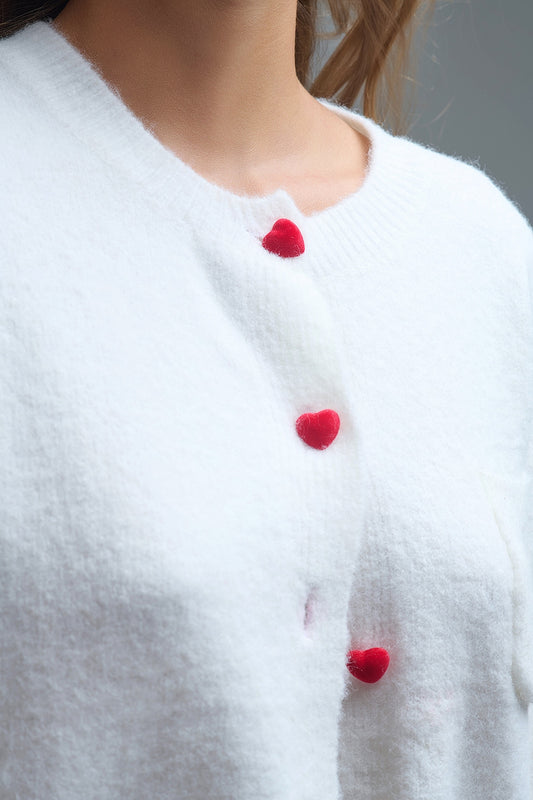 Charming White Cardigan with Heart Buttons - Sweaters