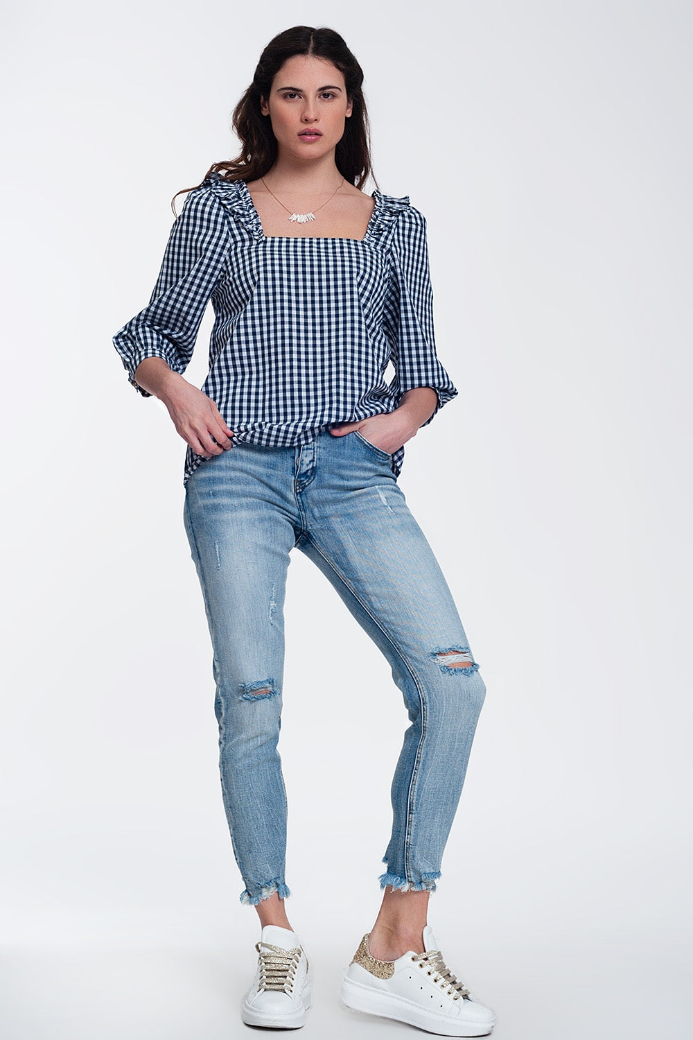 Check square neck top in navy - Tops