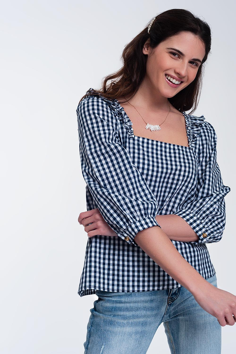 Check square neck top in navy - Tops