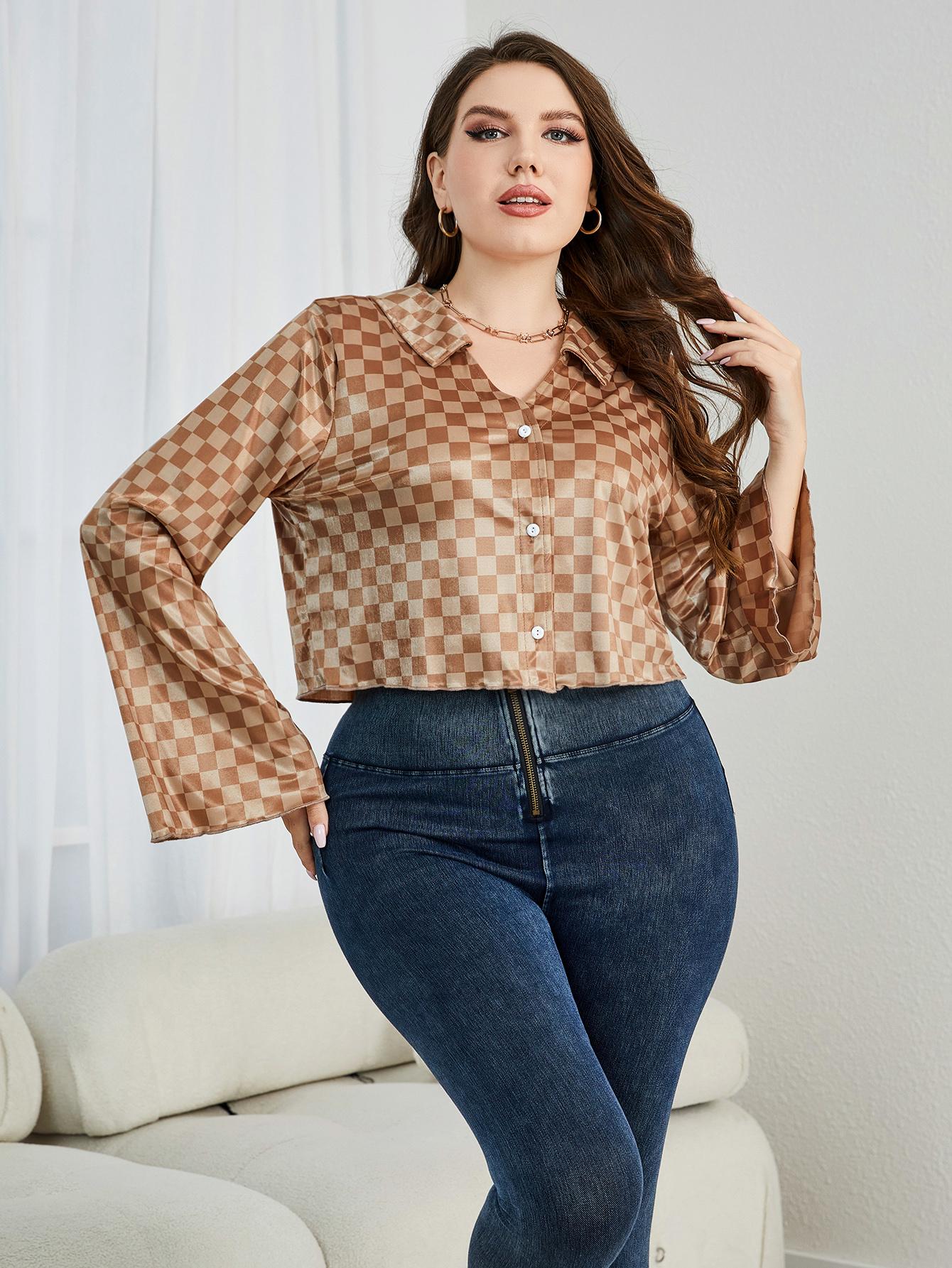 Plus Size Checkered Johnny Collar Flare Sleeve Shirt Plaid - Blouses