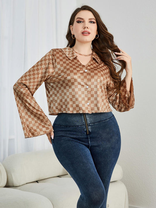 Plus Size Checkered Johnny Collar Flare Sleeve Shirt Plaid - Blouses