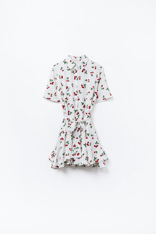 Cherry Print Short Shirt Dress - Dresses