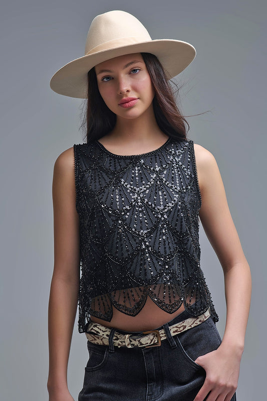 Chic Black Sequin Cropped Top - Tops