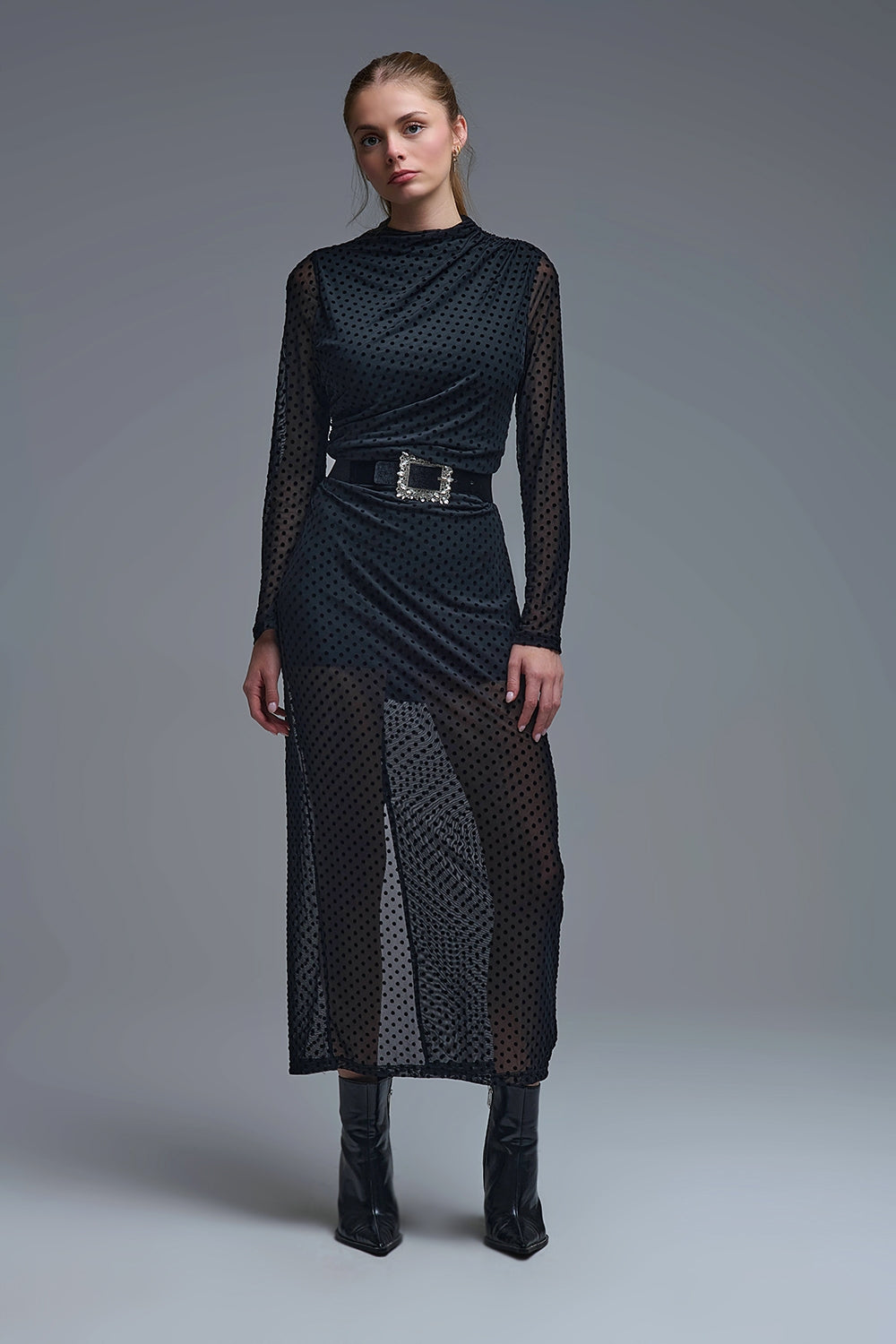 Chic Black Sheer Polka Dot Midi Dress - Dresses