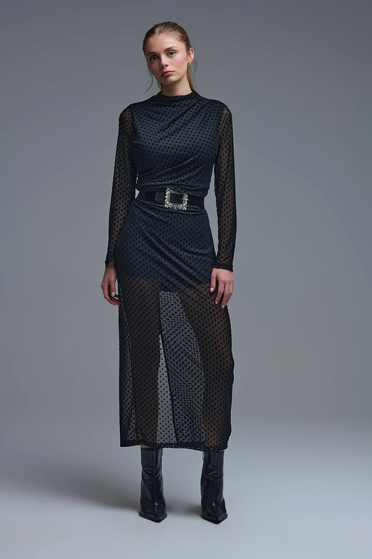 Chic Black Sheer Polka Dot Midi Dress - Dresses